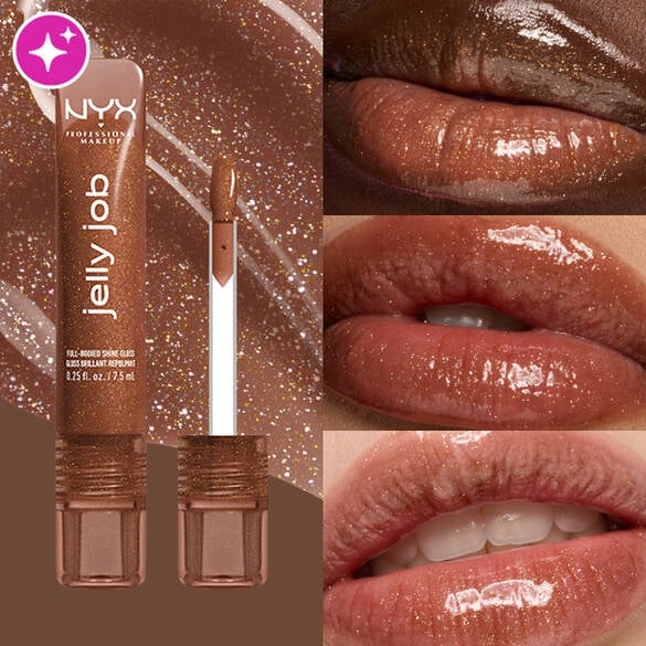 NYX Jelly Job gel-amber shimmer lip gloss shown with the tube, wand, and three close-up lip application views on the right.