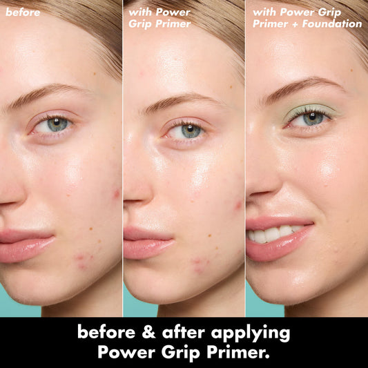 Before and after comparison showing skin with e.l.f. Power Grip Primer and foundation