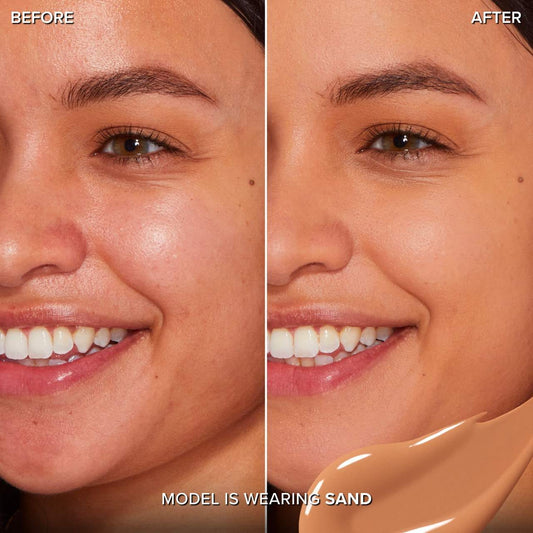 Before and after photo showing Too Faced Born This Way Super Coverage Concealer coverage on skin in shade Sand