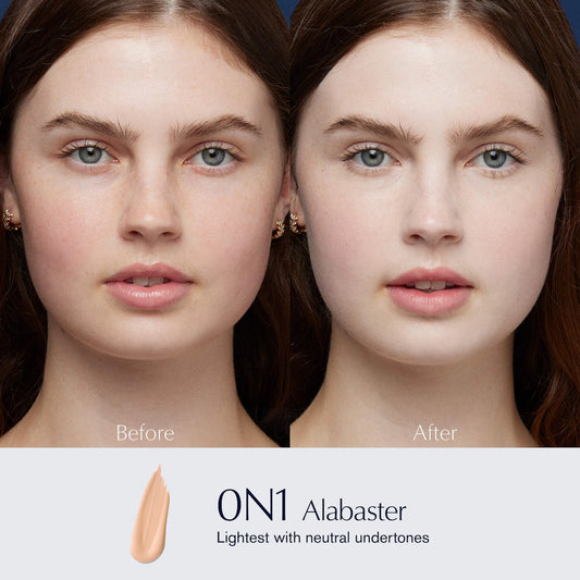 Before and after showing Estée Lauder Double Wear Foundation in shade 0N1 Alabaster on skin
