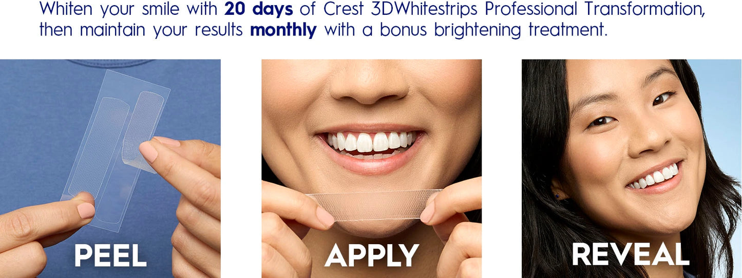 Crest 3D Whitestrips peel, apply, and reveal routine with maintenance text