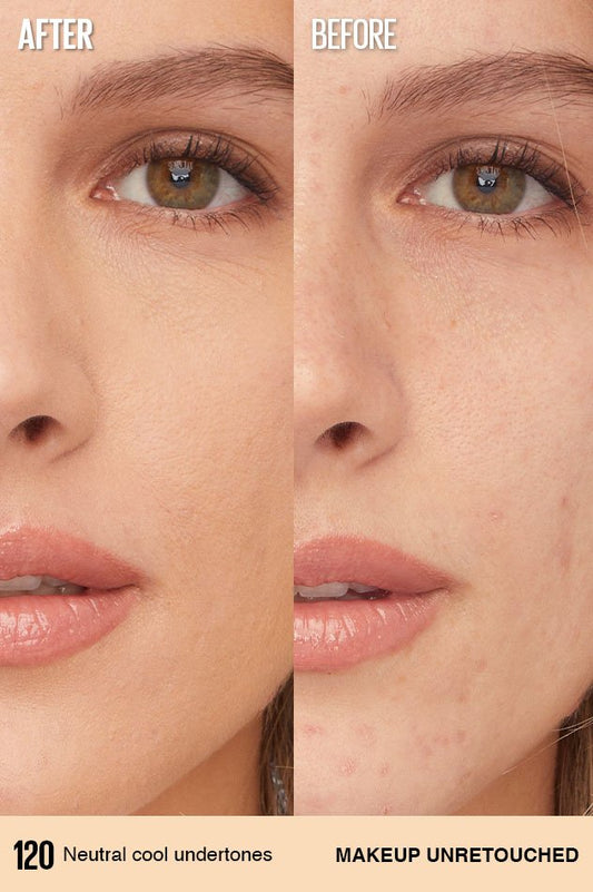 Maybelline Super Stay Lumi-Matte Foundation applied on skin before and after