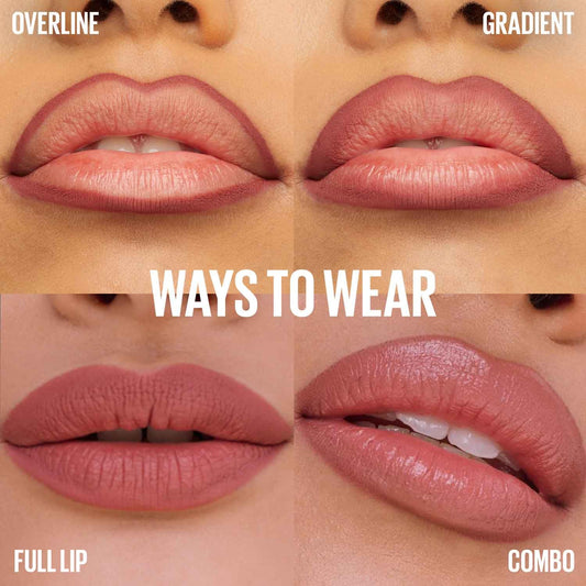 Maybelline Lifter Liner lip liner shown on lips in overline, gradient, full lip, and combo looks