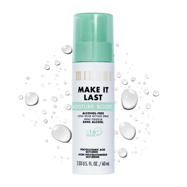 Milani Make It Last Moisture Boost Alcohol-Free Setting Spray bottle surrounded by water droplets.