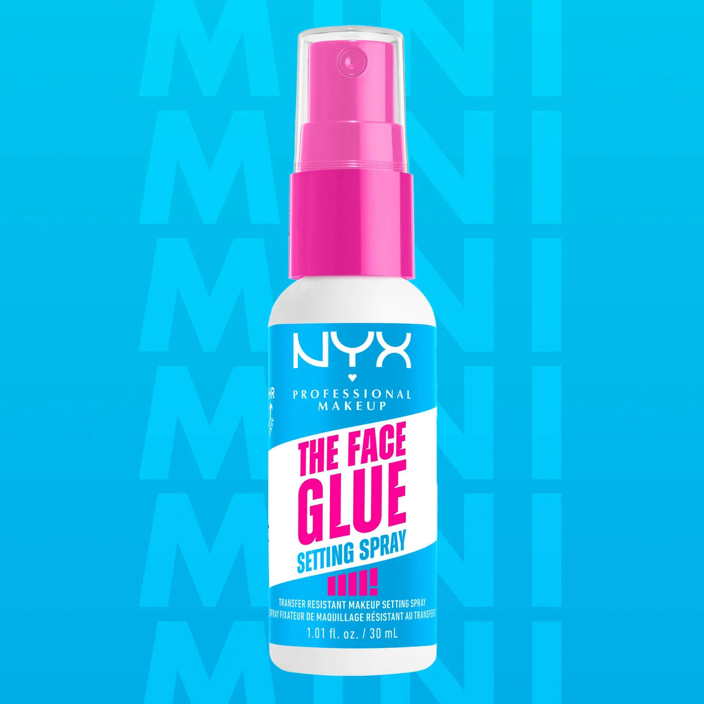 NYX The Face Glue mini setting spray bottle on blue background