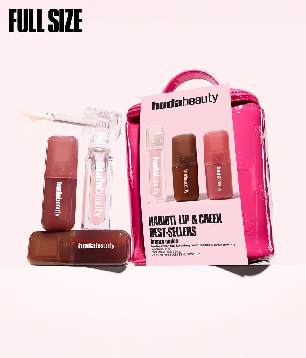 Full-size Huda Beauty Habibti Lip and Cheek Kit with pink makeup bag