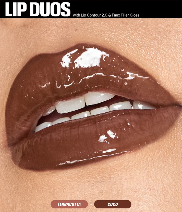 Close-up of glossy brown lips wearing Huda Beauty Terracotta lip liner and Coco Faux Filler gloss