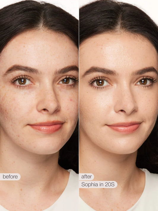 Tarte Shape Tape Radiant Concealer before and after on face in shade 20S Light Sand