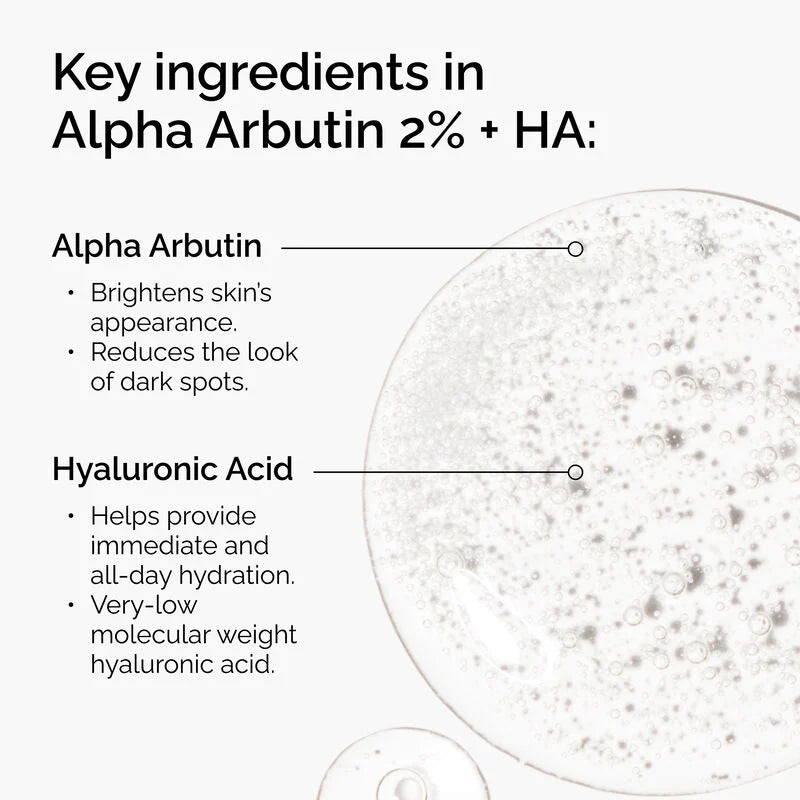 صورة توضيحية للمكونات الرئيسية في The Ordinary Alpha Arbutin 2% + HA وفوائدها للبشرة