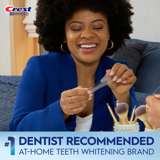 Woman holding Crest 3D Whitestrips with dentist-recommended whitening text