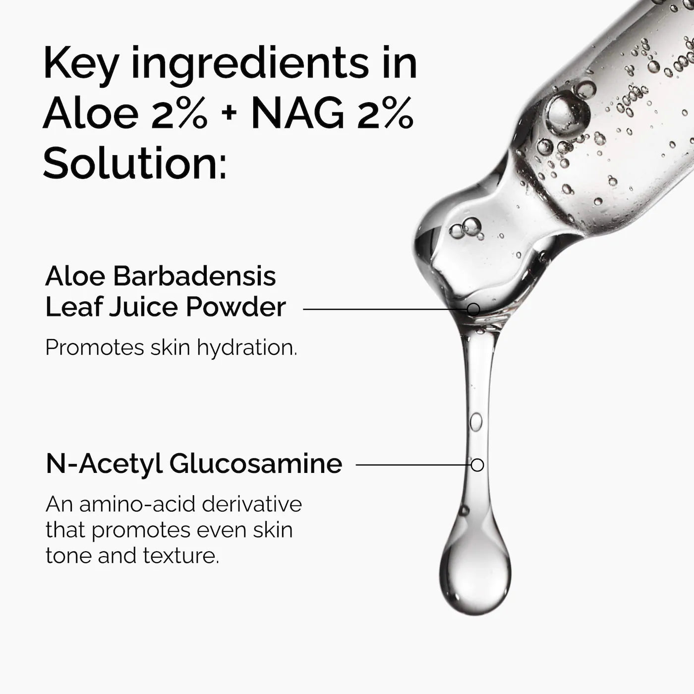 صورة توضيحية للمكونات الرئيسية في The Ordinary Aloe 2% + NAG 2% Solution وفوائدها لترطيب البشرة وتوحيد مظهرها