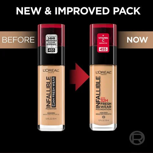 L'Oréal Infallible Fresh Wear Foundation old 24H packaging compared with the new 32H Vitamin C packaging.