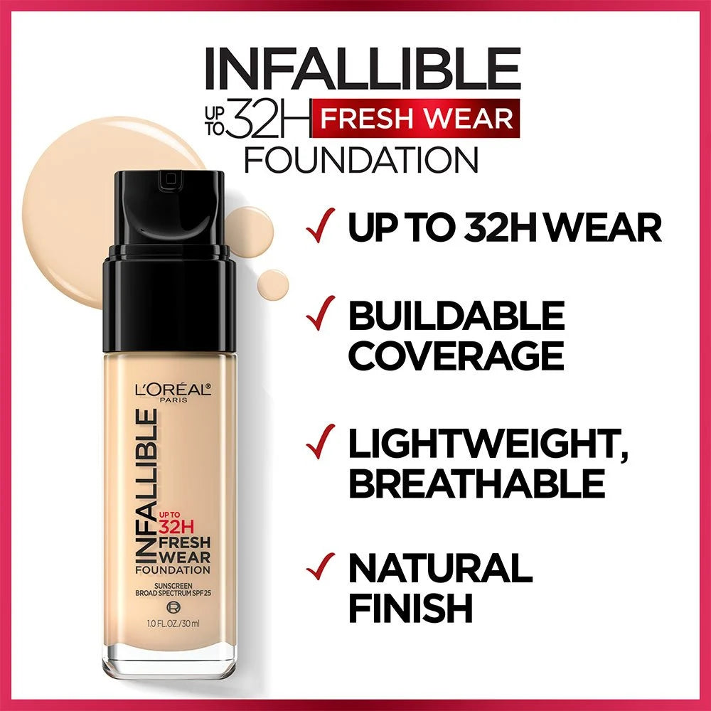 L'Oréal Infallible 32H Fresh Wear Foundation with buildable coverage, breathable formula and natural finish.