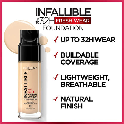 L'Oréal Infallible 32H Fresh Wear Foundation with buildable coverage, breathable formula and natural finish.