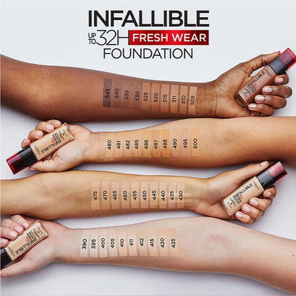 L'Oréal Infallible 32H Fresh Wear Foundation swatches across light, medium and deep skin tones.
