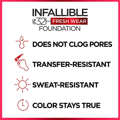 L'Oréal Infallible 32H Fresh Wear Foundation transfer-resistant, sweat-resistant and non-comedogenic benefits.