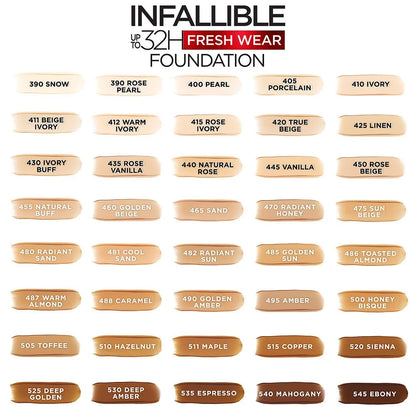 L'Oréal Infallible 32H Fresh Wear Foundation shade chart showing all 40 shades.