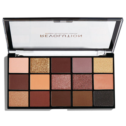 Open Revolution Reloaded Velvet Rose Palette showing 15 matte and shimmer eyeshadow shades