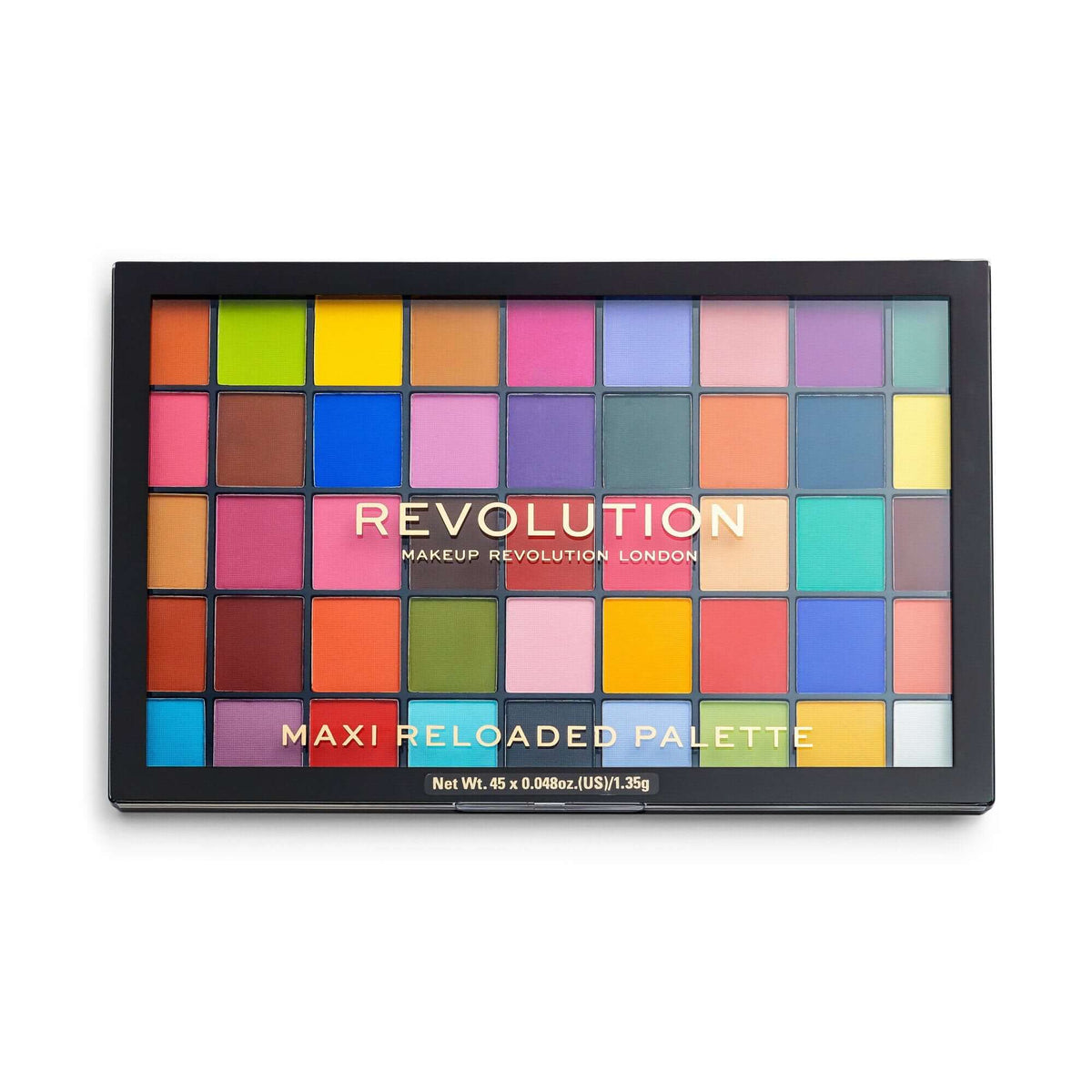 Revolution Maxi Reloaded Monster Mattes Palette in black packaging with a clear closed lid