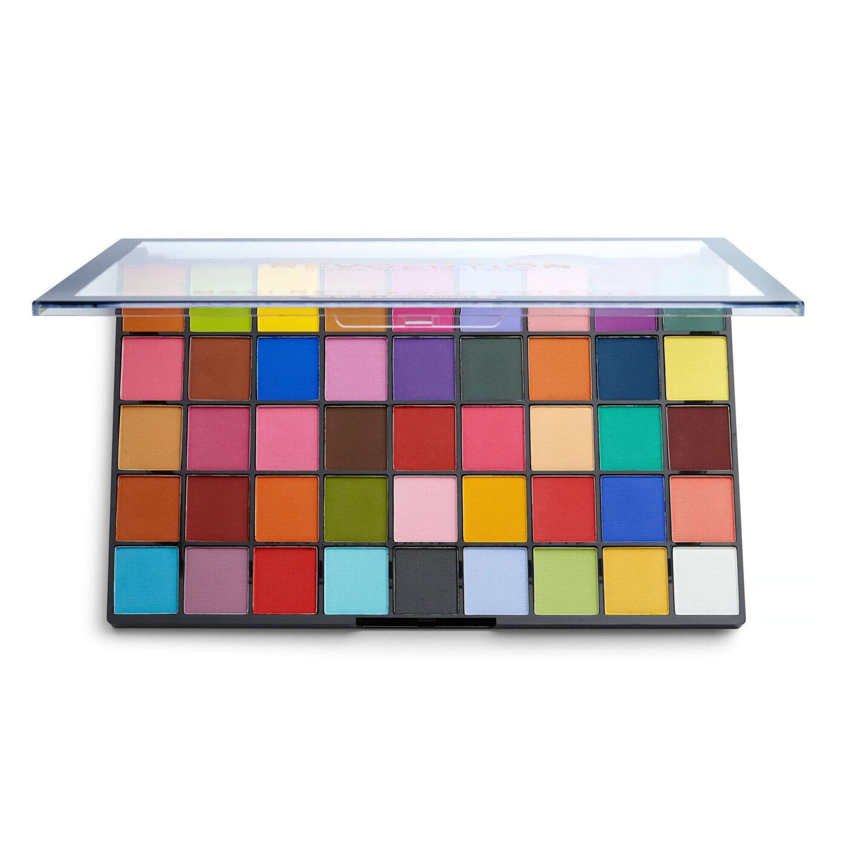 Revolution Maxi Reloaded Monster Mattes Palette with a partially open lid showing 45 matte shades