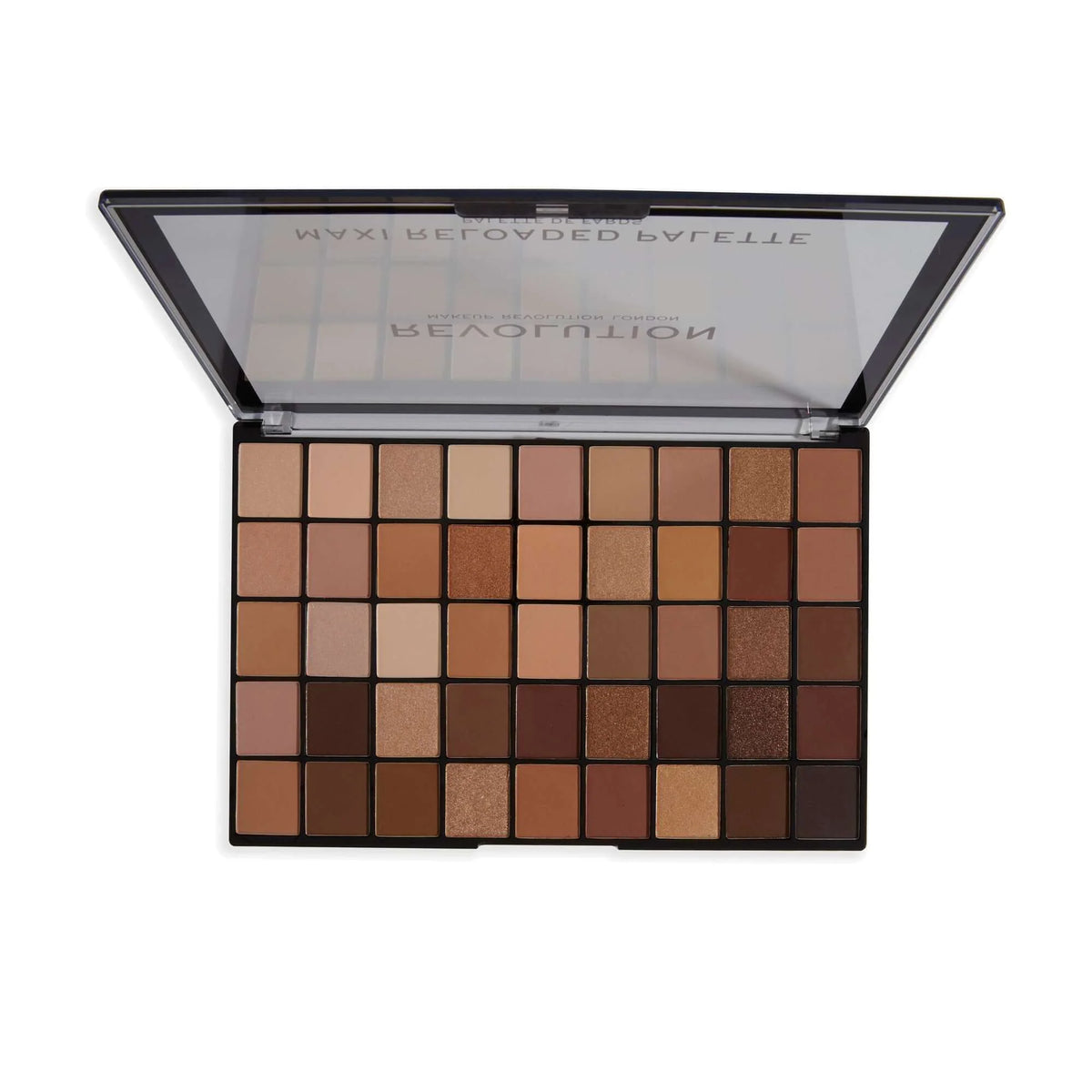 Open Makeup Revolution Maxi Reloaded Nudes Eyeshadow Palette featuring 45 neutral shades