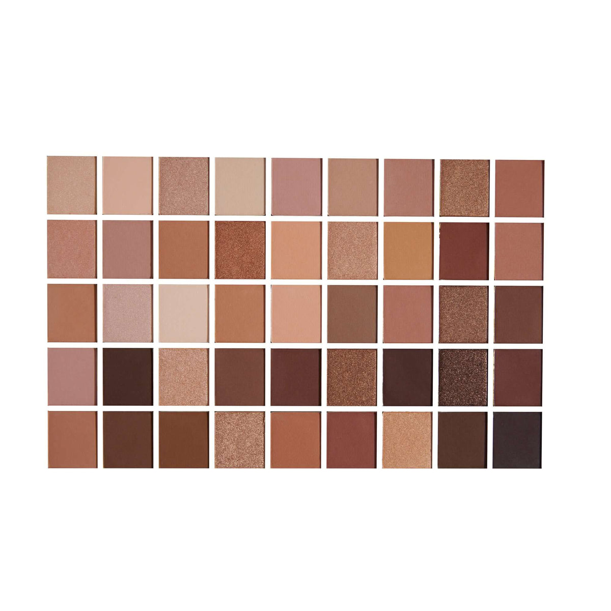 Swatches of 45 neutral matte and shimmer shades from Revolution Maxi Reloaded Nudes Palette