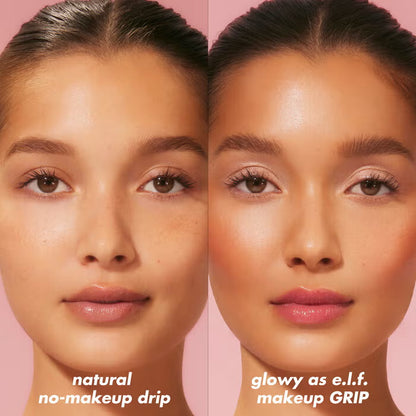 مقارنة قبل وبعد استخدام برايمر e.l.f. Power Grip Niacinamide لإطلالة طبيعية ولمعة صحية