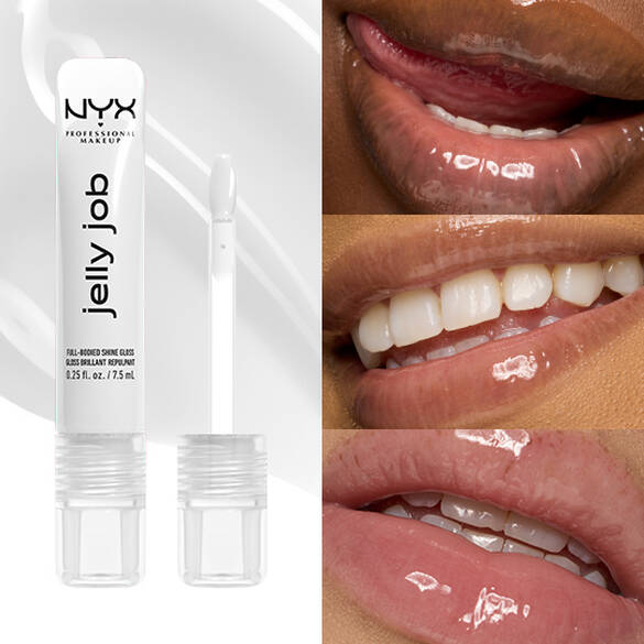 NYX Jelly Job lip gloss with close-up shots of lips wearing the product