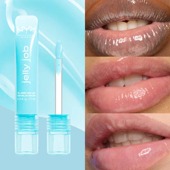 NYX Professional Makeup Jelly Job gel lip gloss tube and applicator on a light blue background, alongside three close-up lip photos showing the glossy finish.