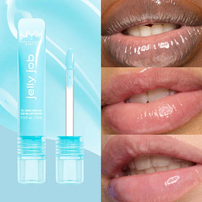 NYX Professional Makeup Jelly Job gel lip gloss tube and applicator on a light blue background, alongside three close-up lip photos showing the glossy finish.