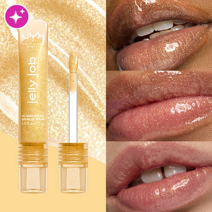 Jelly Job lip gloss by The Beauty Market, shown in a gold shimmer tube with the applicator wand, alongside three close-up panels of glossy, sparkly lips wearing the product.