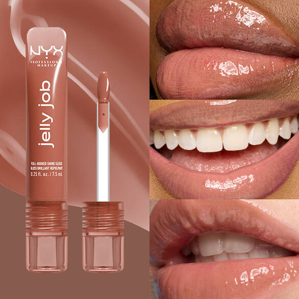 NYX Jelly Job lip gloss tube and applicator shown beside three close-up lip and teeth photos demonstrating the glossy nude pink finish.