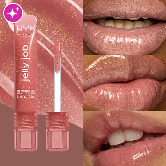 NYX Jelly Job lip gloss with close-up shots of lips wearing the product.