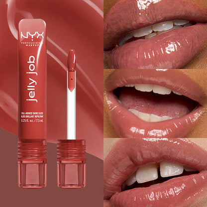 NYX Jelly Job lip gloss shown with the tube, applicator wand, and three close-up lip swatches on a model's mouth, all in a glossy nude pink shade.
