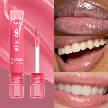 NYX Jelly Job lip gloss with close-up shots of lips wearing the product.