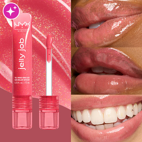 NYX Jelly Job lip gloss with close-up shots of lips wearing the product.
