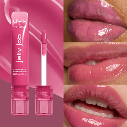NYX Professional Makeup Jelly Job lip gloss in a bright pink tube with applicator wand, shown beside three close-up lip swatches demonstrating the glossy pink finish.
