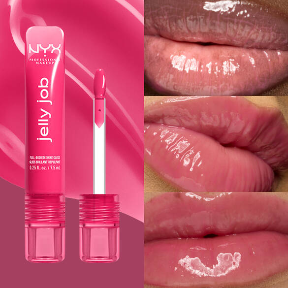 Lip gloss with packaging and close-up of glossy lips on a pink background