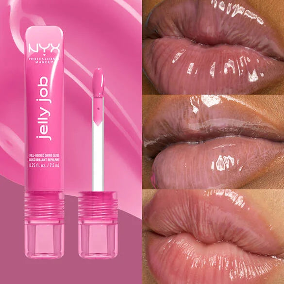NYX Jelly Job lip gloss with close-up images of lips wearing the product on a pink background