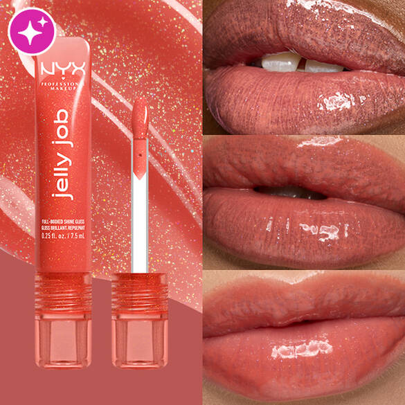 NYX Jelly Job lip gloss with close-up shots of lips wearing the product.