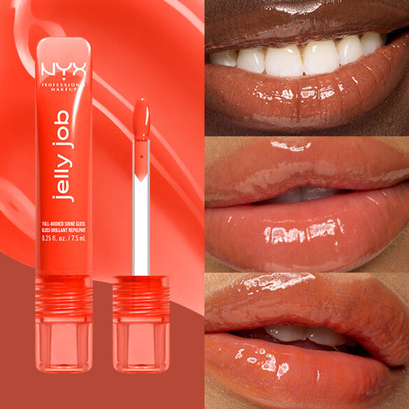 Lip gloss with packaging and close-up of lips wearing the product on a red background