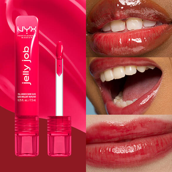 NYX Jelly Job lip gloss with close-up shots of lips wearing the product.