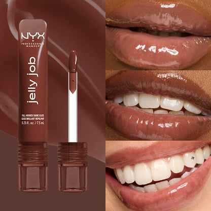 NYX Jelly Job lip gloss with close-up shots of lips wearing the product.