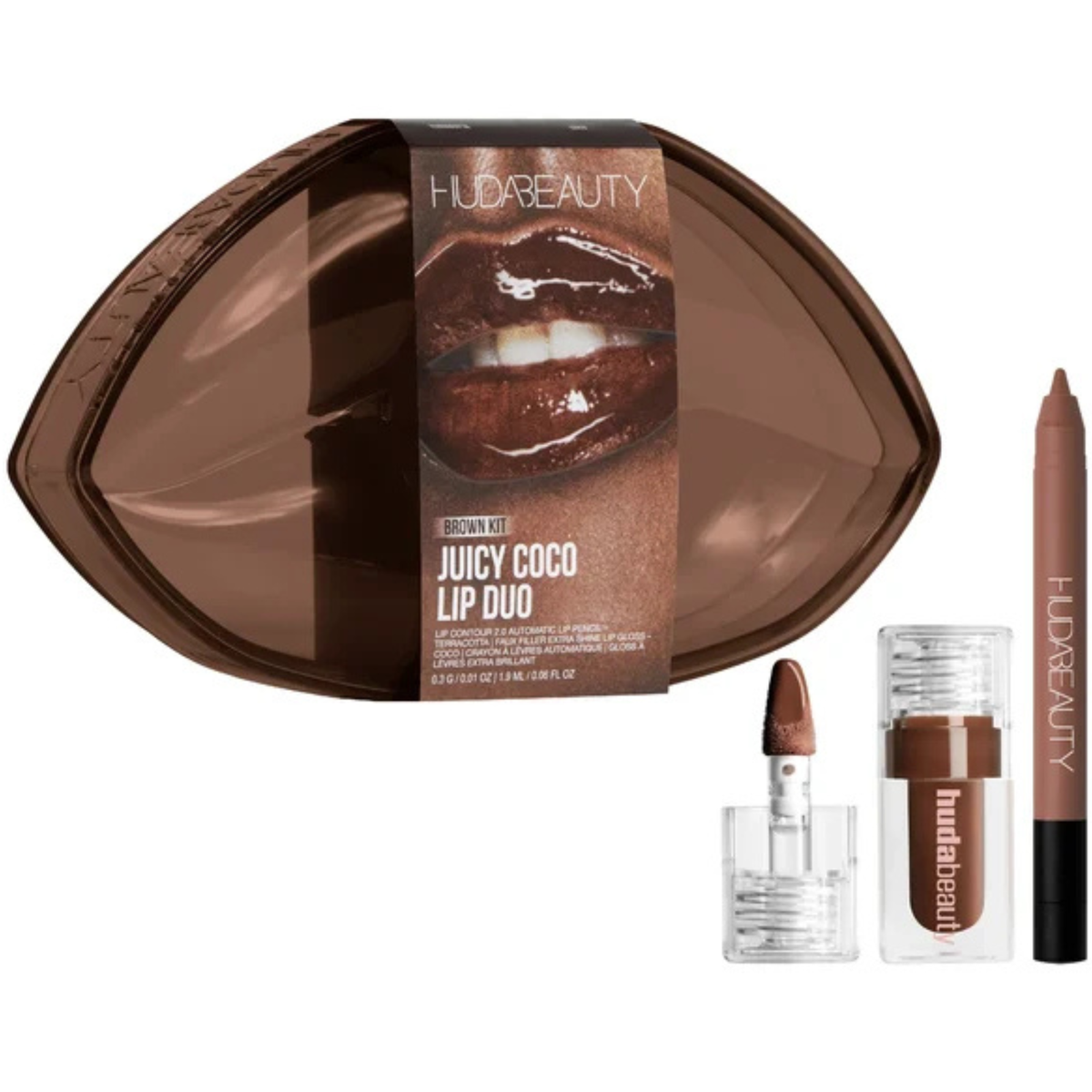 Huda Beauty Juicy Coco Lip Duo with mini Terracotta lip liner, mini Coco lip gloss and brown lip-shaped packaging