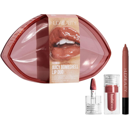 Huda Beauty Juicy Bombshell Lip Duo with mini lip liner, mini lip gloss and pink lip-shaped packaging