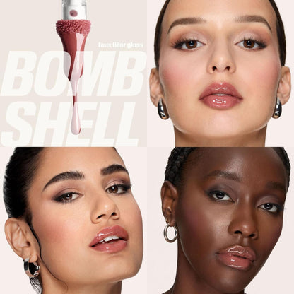 Huda Beauty Faux Filler Lip Gloss in Bombshell on three skin tones alongside its applicator