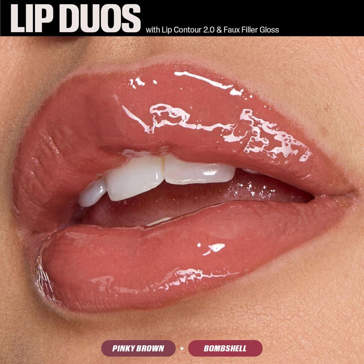Close-up of lips wearing Huda Beauty Pinky Brown lip liner and Bombshell Faux Filler gloss