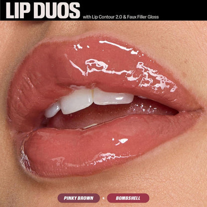 Close-up of lips wearing Huda Beauty Pinky Brown lip liner and Bombshell Faux Filler gloss