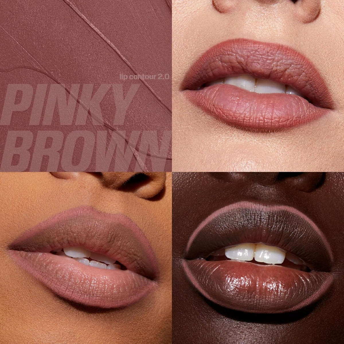 Huda Beauty Lip Contour 2.0 in Pinky Brown on three skin tones with a texture swatch