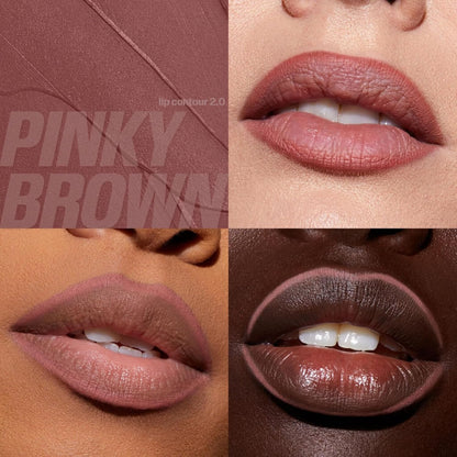 Huda Beauty Lip Contour 2.0 in Pinky Brown on three skin tones with a texture swatch